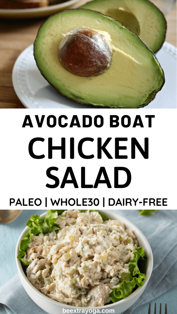 Avocado boat chicken salad paleo, Whole30, dairy-free Pinterest pin.
