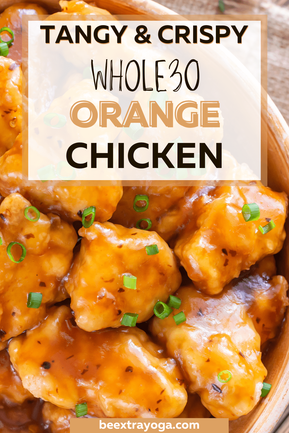 Tangy and crispy Whole30 orange chicken Pinterest pin.