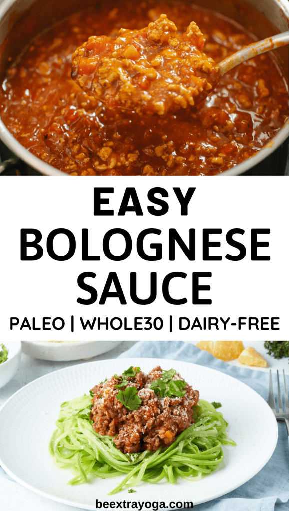 Easy Bolognese sauce paleo, Whole30, dairy-free Pinterest pin.