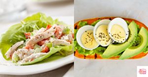 Chicken salad in a lettuce wrap and hard boiled eggs and avocado on a sweet potato slice. This article shares Whole30 lunch ideas.