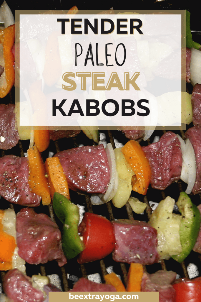 Tender paleo steak kabobs Pinterest pin.
