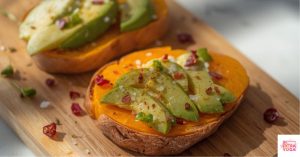 Sweet potato toast with avocado as a topping. This article shares a recipe for paleo sweet potato toast.
